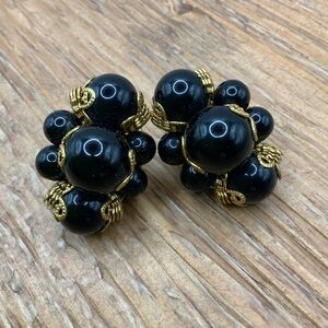 Joan Rivers Vintage Black Beaded Cluster Gold Tone Hardware Clipped Earrings